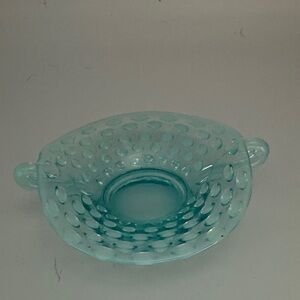 Elegant Fenton Blue Opalescent Hobnail Glass Dish with Handles